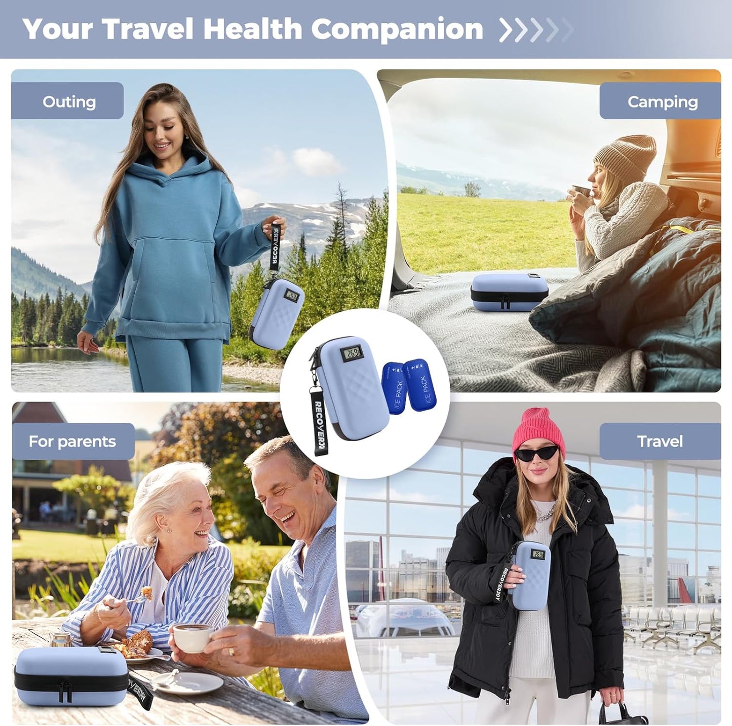 TSA Approved Insulin Cooler Travel Case Diabetic Medication Bag with Thermometer Temperature Display Medication Diabetic Cooler Travel Medicine Organizer Bag for Women & 2 Ice Pack-Blue