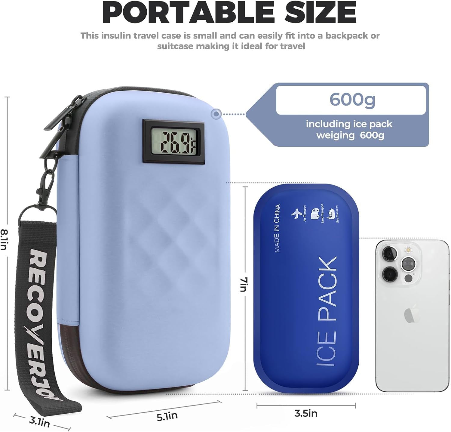 TSA Approved Insulin Cooler Travel Case Diabetic Medication Bag with Thermometer Temperature Display Medication Diabetic Cooler Travel Medicine Organizer Bag for Women & 2 Ice Pack-Blue