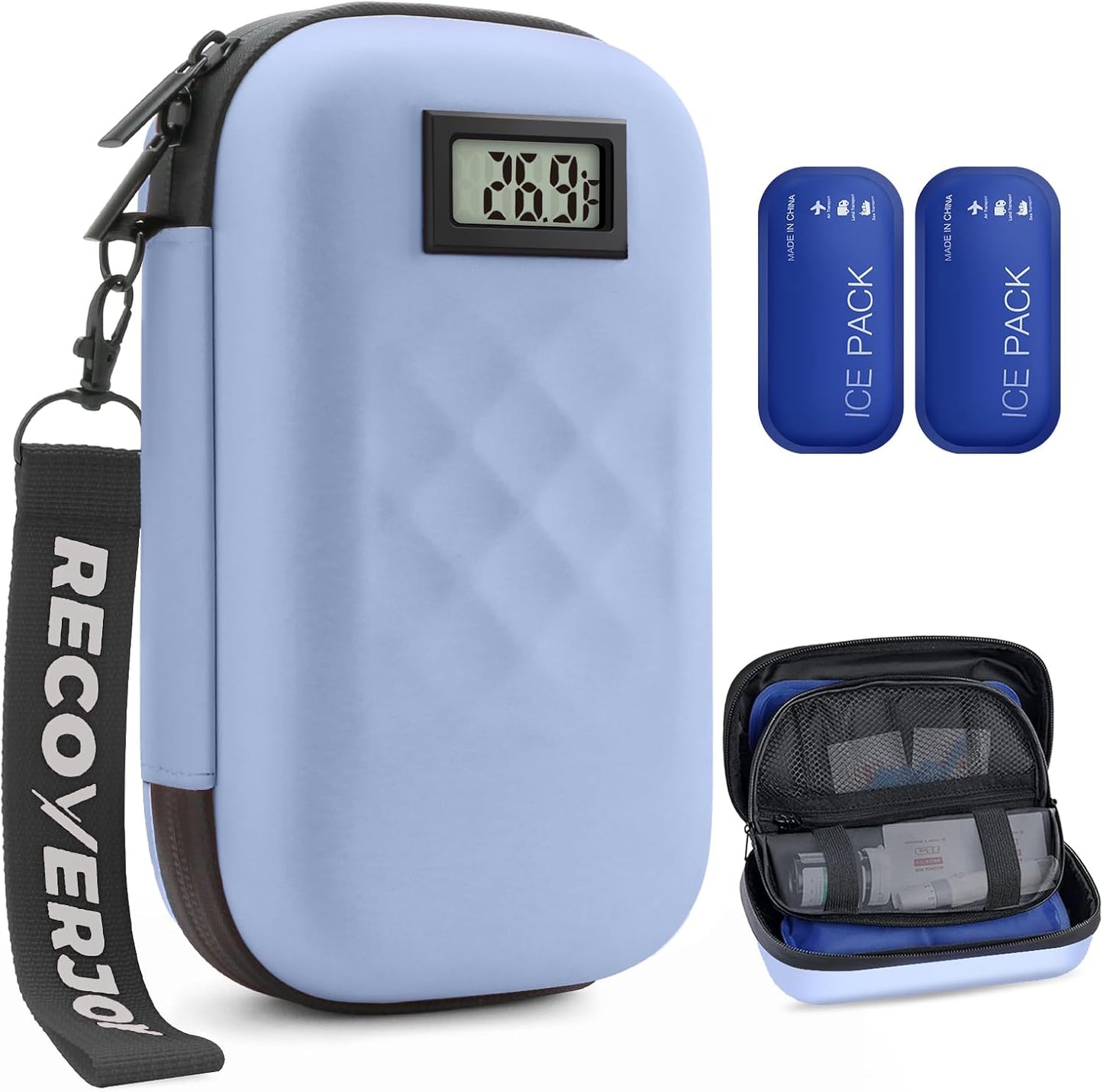 TSA Approved Insulin Cooler Travel Case Diabetic Medication Bag with Thermometer Temperature Display Medication Diabetic Cooler Travel Medicine Organizer Bag for Women & 2 Ice Pack-Blue
