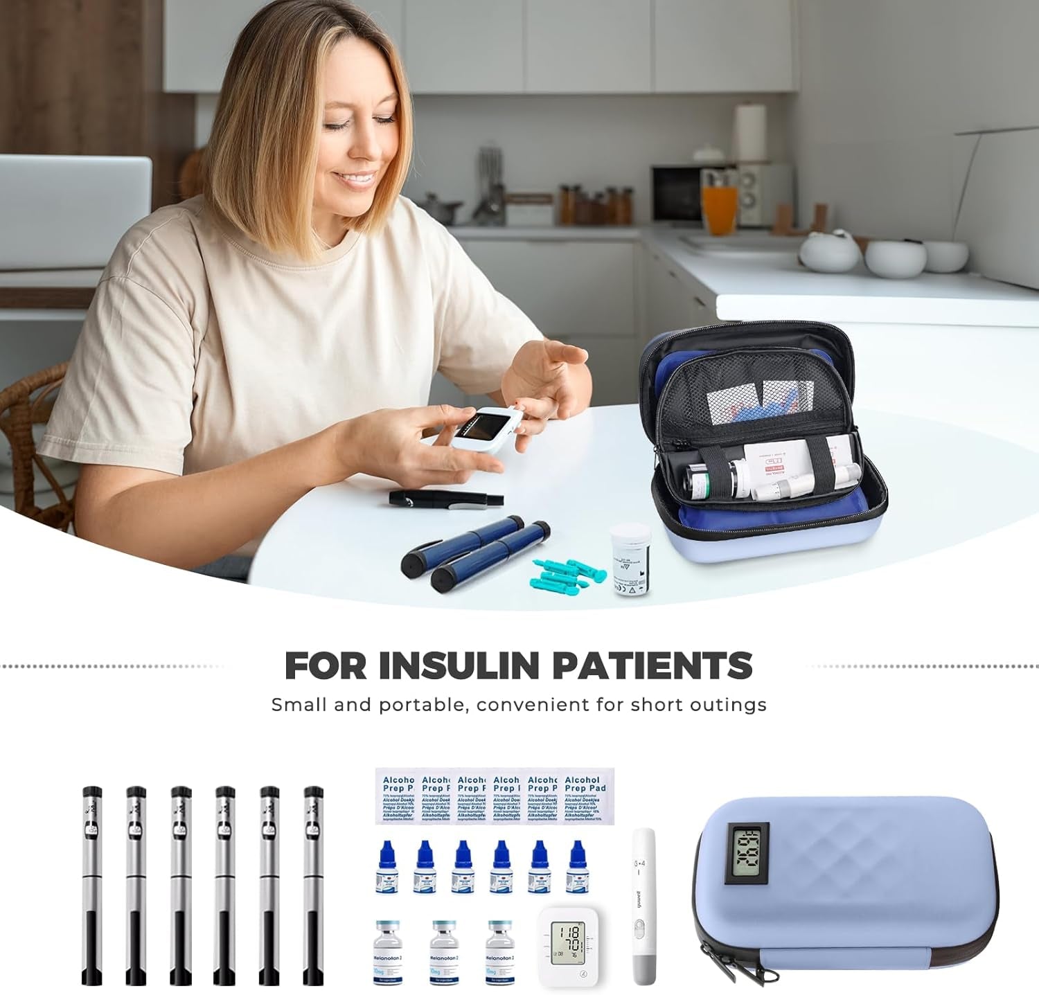TSA Approved Insulin Cooler Travel Case Diabetic Medication Bag with Thermometer Temperature Display Medication Diabetic Cooler Travel Medicine Organizer Bag for Women & 2 Ice Pack-Blue